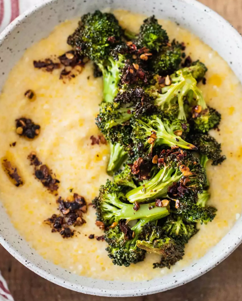 Creamy Polenta with White Beans and Roasted Broccoli