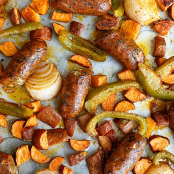 Roasted Sausage with Sweet Potatoes and Peppers