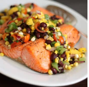 Salmon with Black Bean, Corn and Mango Salsa