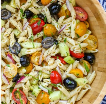 Penne Pasta Salad with Tomatoes, Cucumbers, and Olives